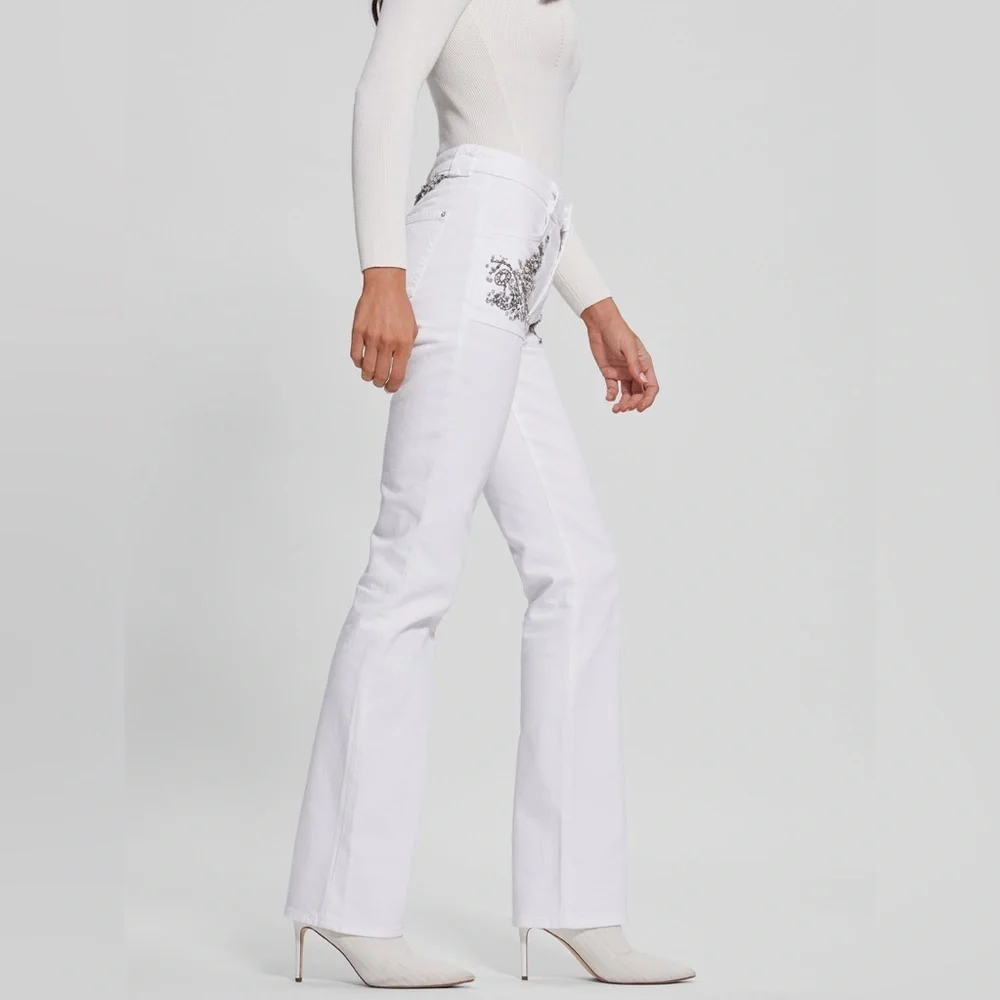 New Guess White Flare Jeans with Floral Embroidery SZ 26 - Picture 4 of 11